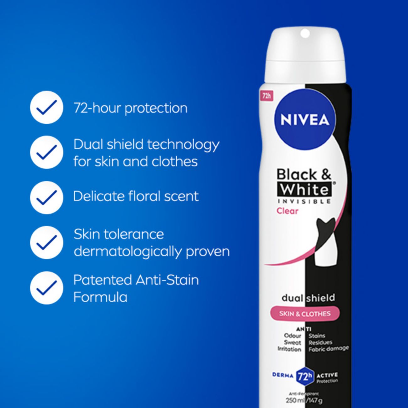 Nivea Black & White Invisible Clear deodorant spray - 72-hour protection, dual shield technology, a delicate floral scent, dermatologically proven skin tolerance, and a patented anti-stain formula.